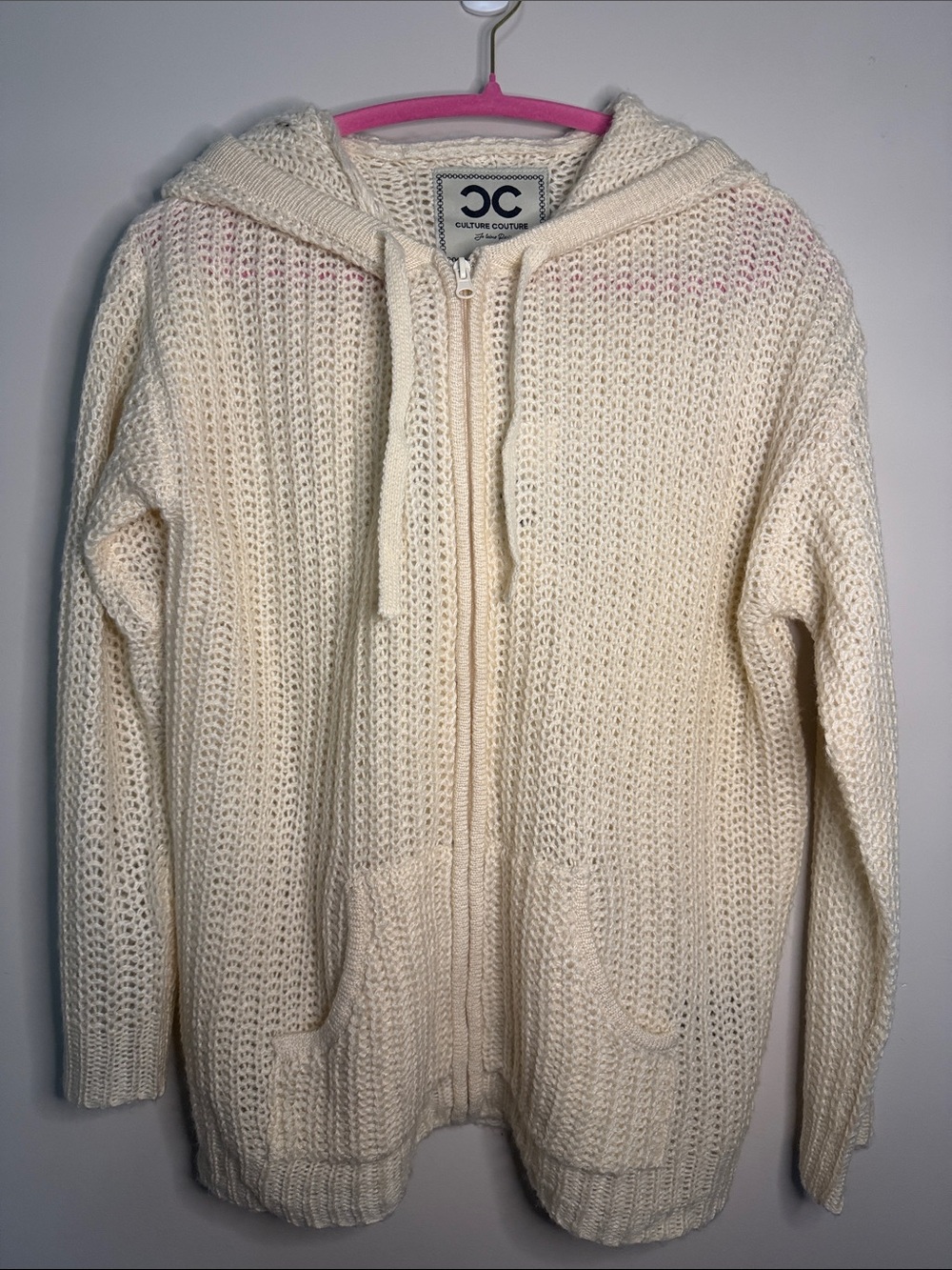 Cream Hooded Zip Knit Sweater